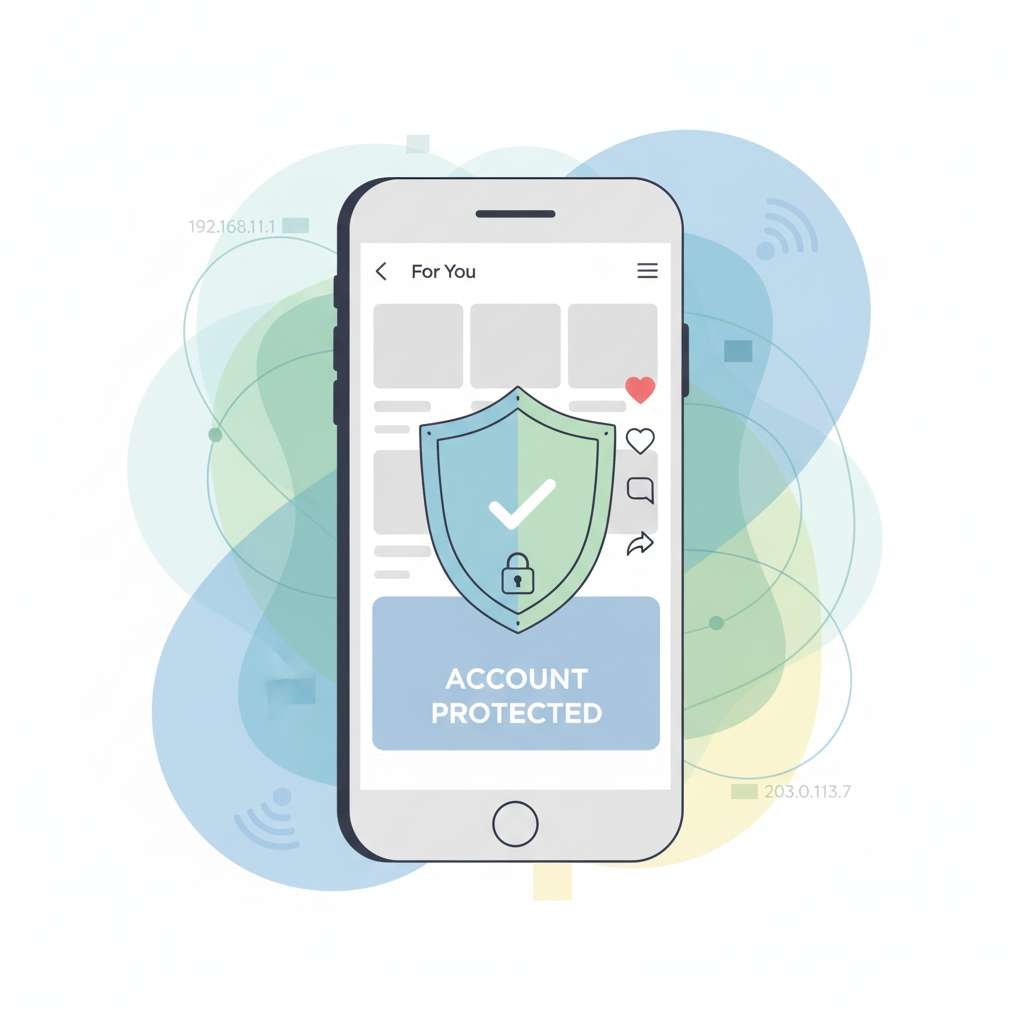 手机屏幕展示TikTok应用，盾牌象征账号保护